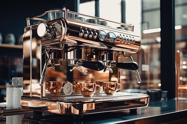 La nueva máquina de café brillante en la cafetería está lista para comenzar a hacer café