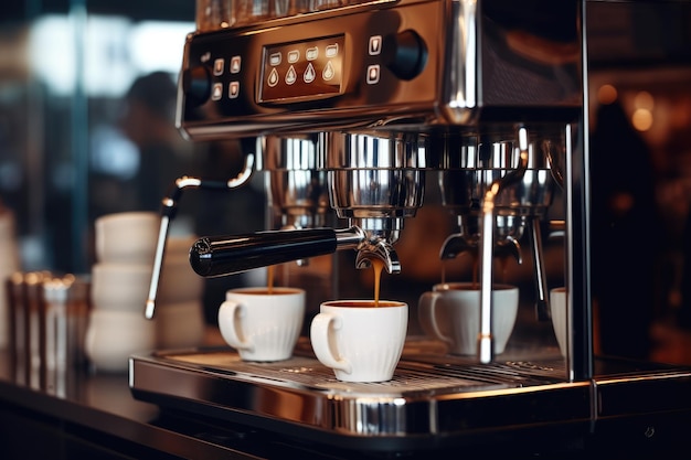 La nueva máquina de café brillante en la cafetería está lista para comenzar a hacer café