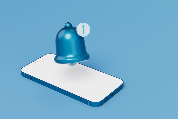 Nueva notificación en el teléfono inteligente y campana con el número 1 en un fondo azul