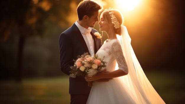 La nueva pareja casada se toma fotos al aire libre.