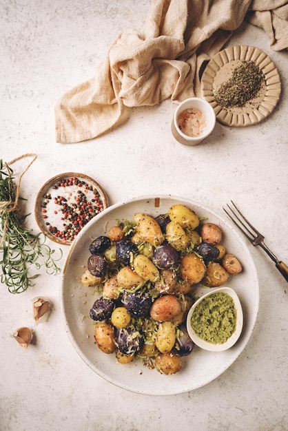 Nueva patata asada al horno en el plato con vista superior de salsa