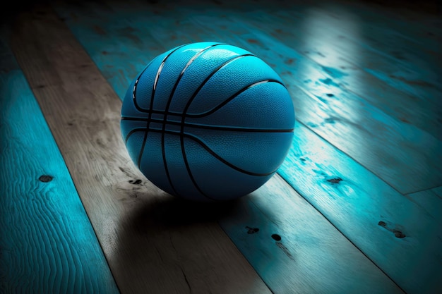 Nueva pelota de baloncesto brillante azul brillante sobre un piso de madera