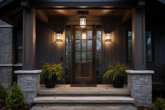 Nueva puerta exterior de madera maciza para el hogar con paneles de vidrio  flanqueados por apliques y parteluces