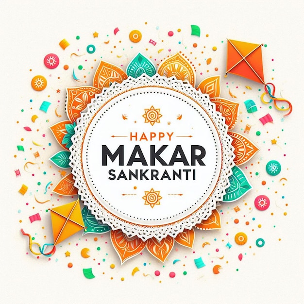 Nueva tarjeta de felicitación de Makar Sankranti blanco Diseño de tarjeta de Makar Sankranti con cometas coloridos