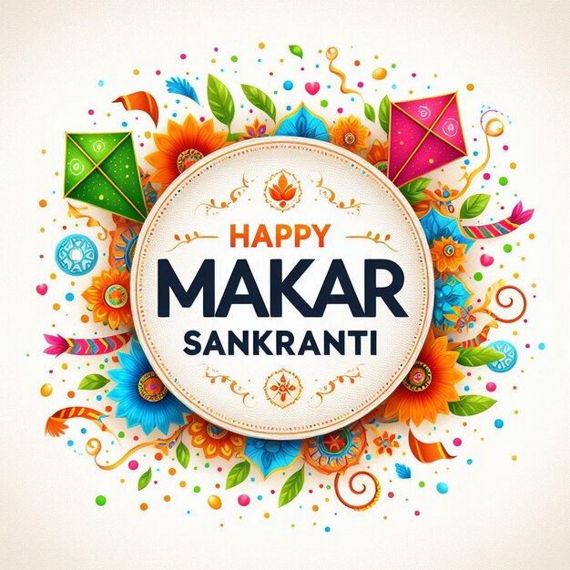 Nueva tarjeta de felicitación de Makar Sankranti blanco Diseño de tarjeta de Makar Sankranti con cometas coloridos