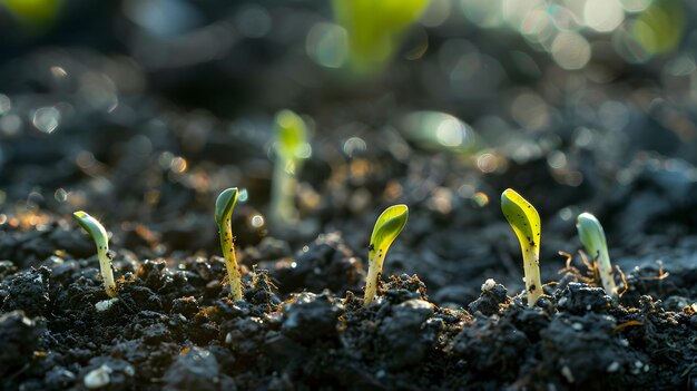 Foto nueva vida emerge macroperspectiva de las semillas que germinan en un suelo fértil