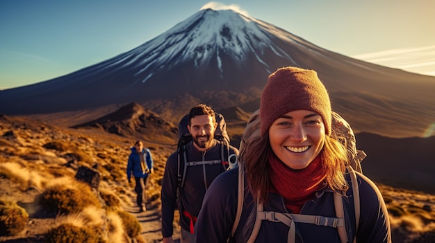 Nueva Zelanda Senderismo Pareja de mochileros vagando por el Parque Nacional Tongariro Excursionistas masculinos y femeninos caminando por el Monte Ngauruhoe