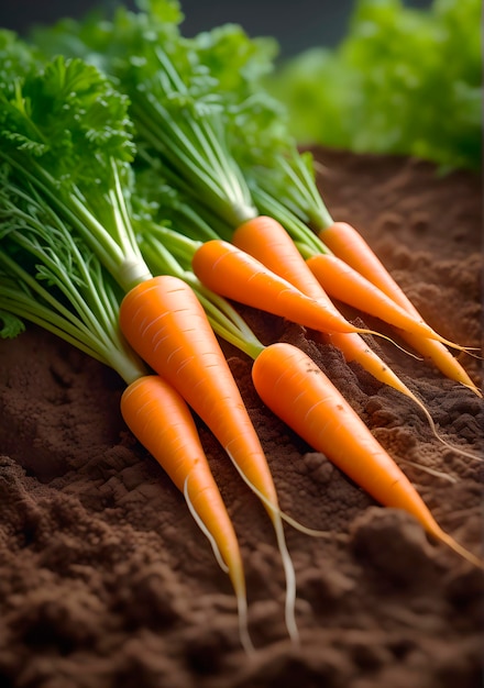 Las nuevas zanahorias de la cosecha yacen en la cama del jardín