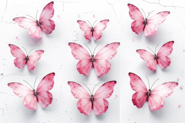 Foto nueve mariposas rosas sobre un fondo blanco