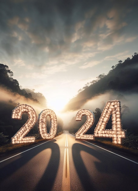 nuevo año 2024 una imagen de una autopista en el medio de la naturaleza copiar espacio de fondo generativo ai