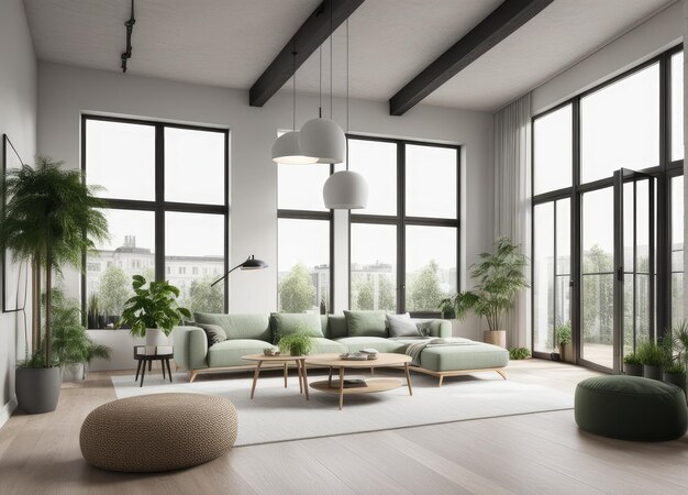 nuevo apartamento moderno escandinavo en el loft renderizado en 3D