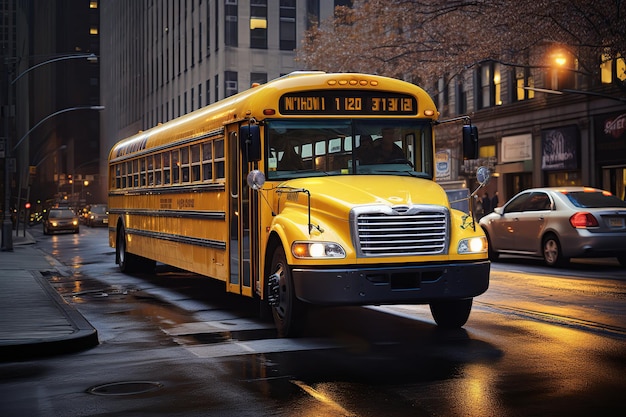 Un nuevo autobús escolar amarillo en un día soleado en las calles de un hermoso elegante lindo autobús escolar amarillo pastel conduciendo en el fondo de la ciudad