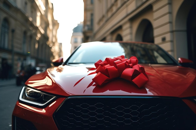 El nuevo coche está envuelto en un lazo rojo hermoso concepto de regalo generativo ai