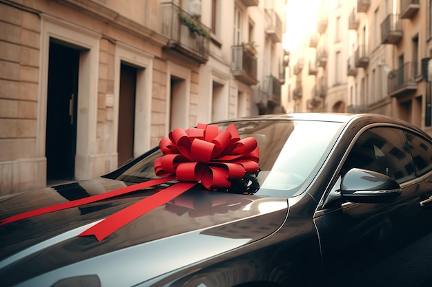 El nuevo coche está envuelto en un lazo rojo hermoso concepto de regalo generativo ai