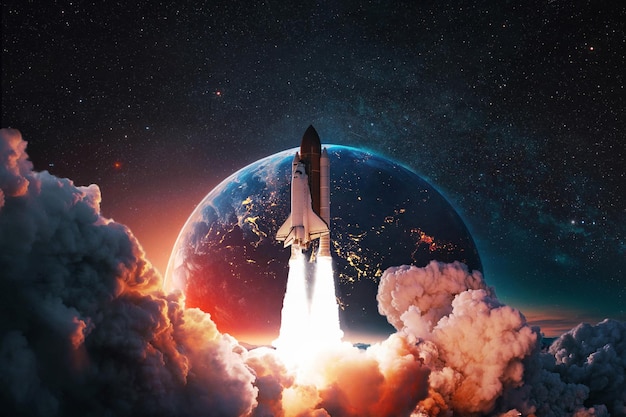 El nuevo cohete del transbordador espacial con explosión y bocanadas de humo se lanza con éxito al cielo estrellado nocturno con el increíble planeta tierra La nave espacial despega al espacio con estrellas creativas futuristas