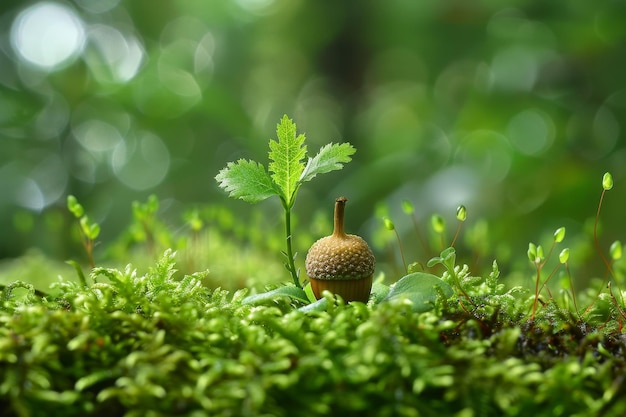 Un nuevo comienzo Una bellota solitaria brota en medio del suave suelo del bosque de musgo