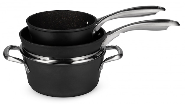 Nuevo conjunto de utensilios de cocina negro aislado en blanco