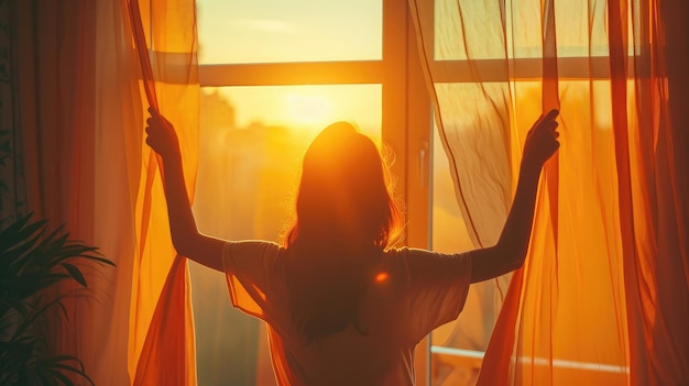 Nuevo día Silueta de mujer abriendo cortinas naranjas en la mañana en la ventana Banner web con espacio de copia Vista trasera Concepto de libertad, esperanza y felicidad