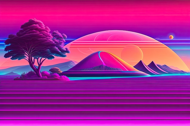 Foto nuevo diseño de fondo de neón púrpura retrowave art generative ai