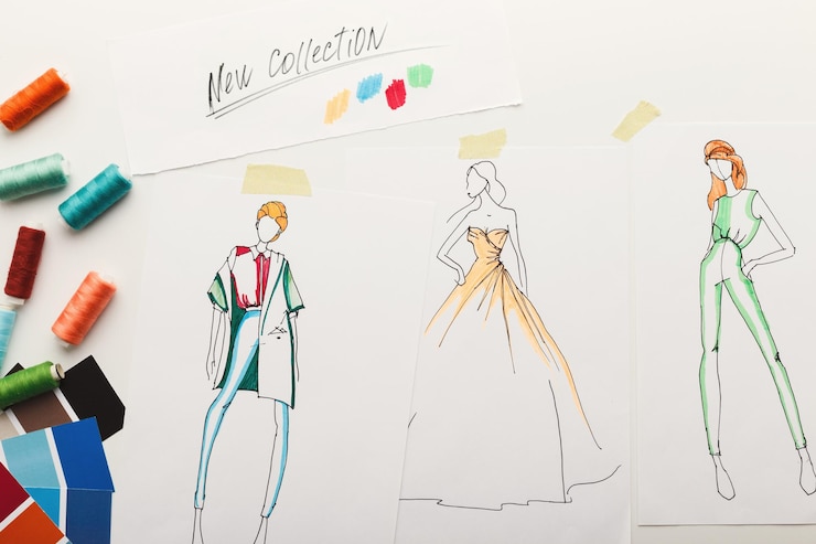 Foto nuevo fondo de colección de moda. bocetos dibujados a mano de ropa en pizarra, muestras de color