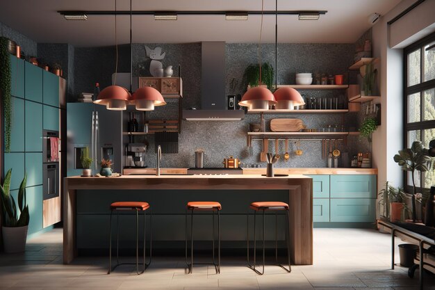Nuevo interior de cocina moderna Esquina de cocina blanca y gris con barra AI generativo contemporáneo