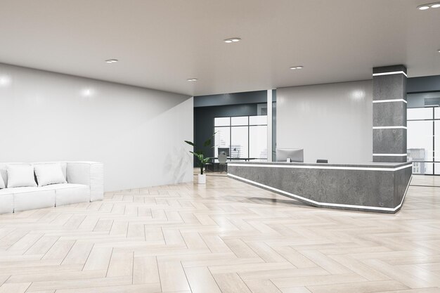 Foto nuevo interior de oficina de hormigón y madera dura con mostrador de recepción y ventana con vista a la ciudad vestíbulo de oficina y concepto de área de espera representación 3d