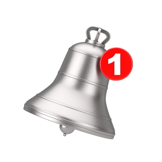 Nuevo mensaje Icono de campana de plata sobre un fondo blanco. Representación 3D