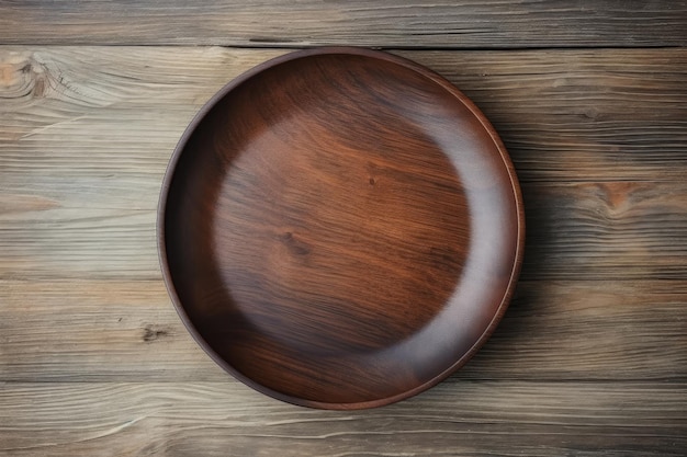 Nuevo plato de platos de madera hecho a mano en una mesa de madera vista desde arriba