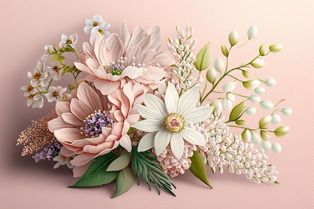Nuevo ramo primaveral con delicadas flores sobre fondo rosa pastel creado con ai generativo