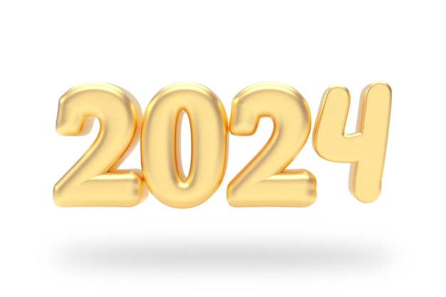 Nuevo signo de burbuja inflada dorada del año 2024 sobre un fondo blanco representación 3d
