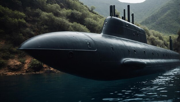 Nuevo submarino militar moderno con color marino buceando bajo el agua