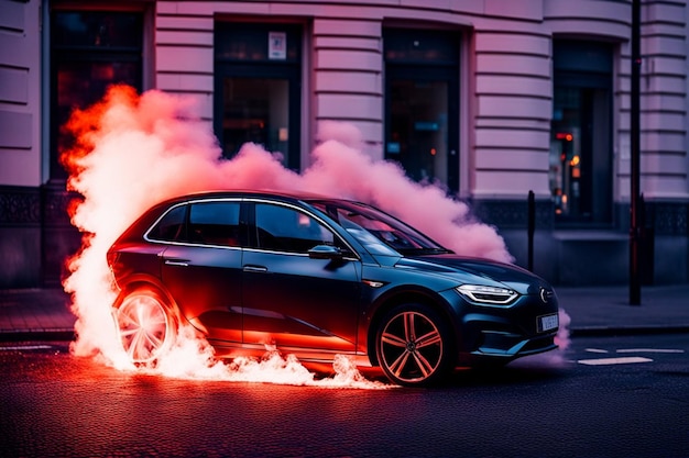 nuevo vehículo eléctrico ev suv ardiendo en llamas mientras las baterías explotaban ilustración