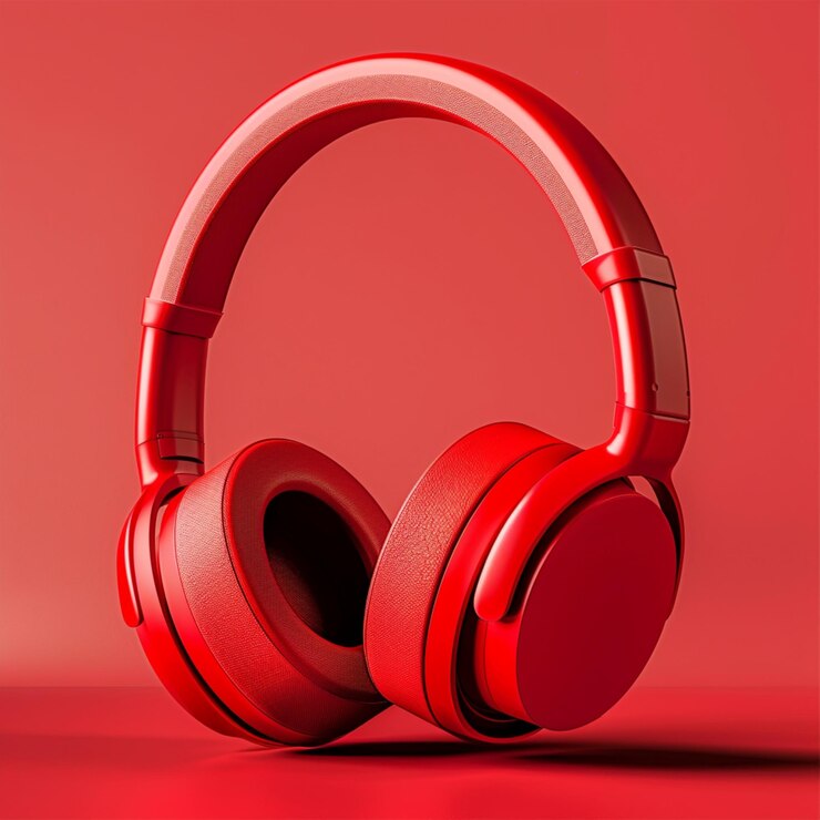 nuevos auriculares rojos limpios en fondo a juego