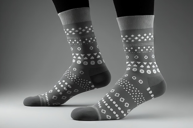 Foto nuevos calcetines con estampados y figuras en blanco sobre fondo gris creados con ia generativa
