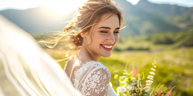 Foto nuevos casados alegres en un paisaje impresionante