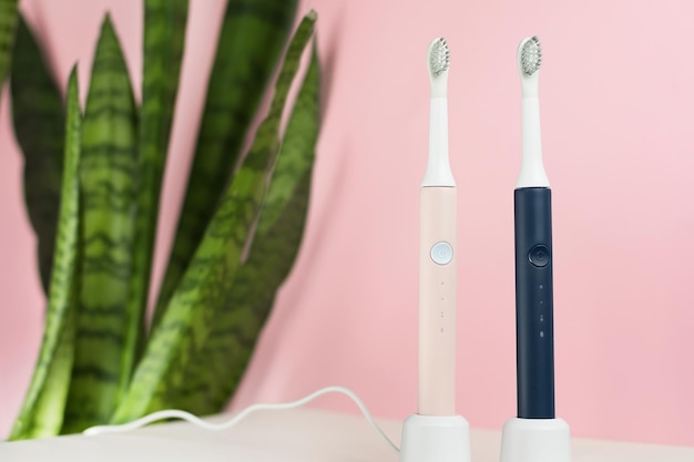 Nuevos cepillos de dientes ultrasónicos modernos. Suministros para el cuidado dental con hojas verdes sobre fondo rosa pastel. Higiene bucal, salud de las encías, dientes sanos. Productos dentales Cepillo de dientes con vibración ultrasónica.