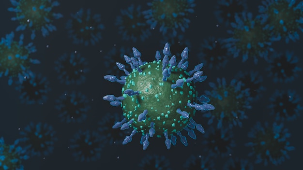 Los nuevos ingredientes del coronavirus COVID-19 aumentan bajo el concepto de microscopio. Virus ataque sangre concepto de cerca. Render 3d