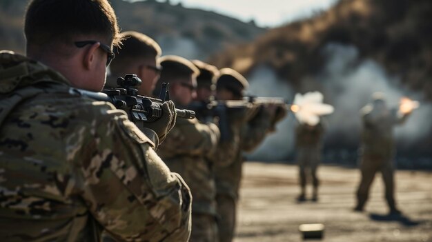 Los nuevos soldados aprenden a disparar en un lugar para las armas el fuerte sonido de los disparos en el aire