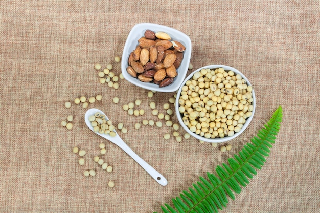 Nuez de almendra y soja en un tazón blanco y una cuchara con planta verde sobre tela marrón