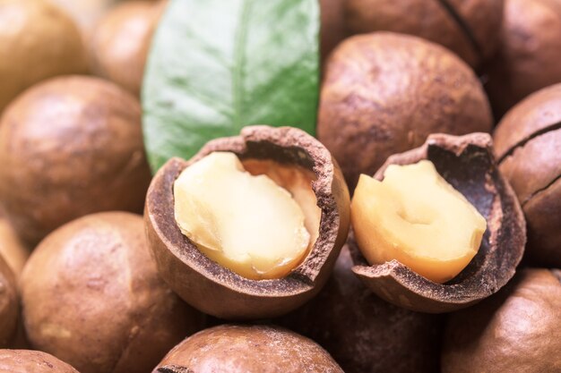 Nuez de macadamia astillada con hoja verde, primer plano.