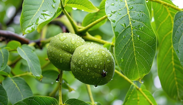 Nuez verde en una rama con hojas frescas