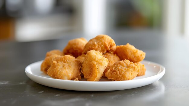 Nugget de pollo frito en pan carne de pollo en un plato blanco colocado en una mesa gris