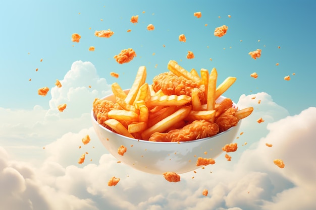 Nugget de pollo frito y papas fritas volando en el aire