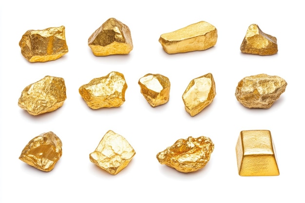 Nuggetas y barras de oro aisladas sobre un fondo blanco
