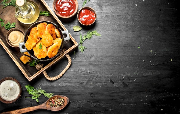 Nuggets aus Hühnerfleisch mit Saucen auf einem Tablett.