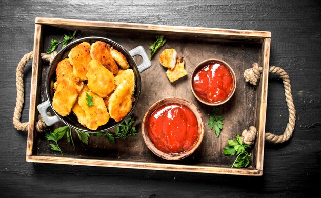 Nuggets de carne de pollo con salsas en una bandeja.