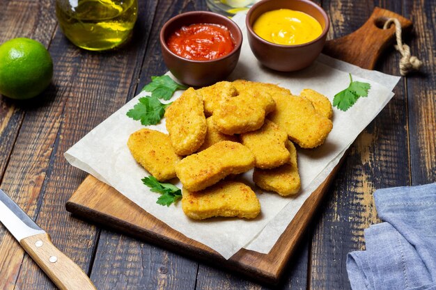 Nuggets de frango com dois molhos. Comida rápida. Comida americana.