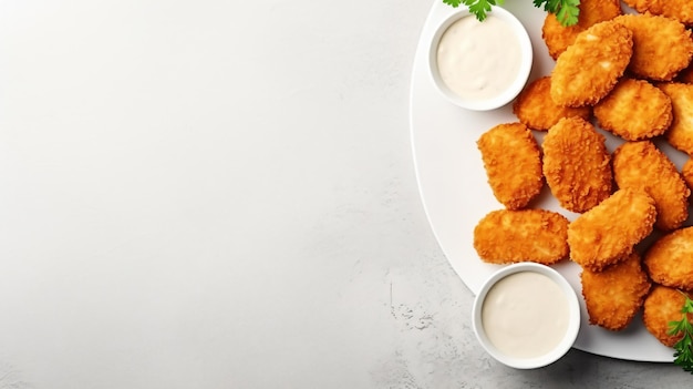 Nuggets de frango com molho de ketchup na mesa branca