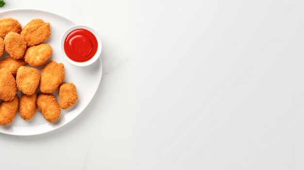 Nuggets de frango com molho de ketchup na mesa branca