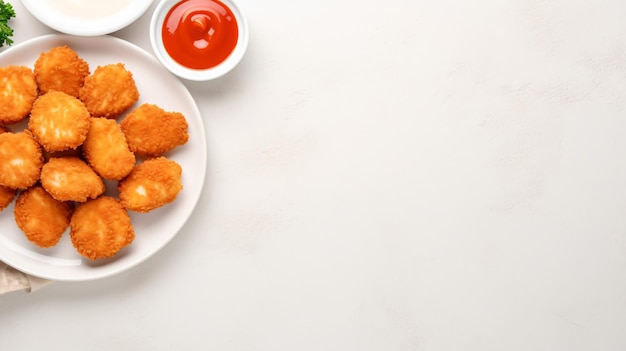 Nuggets de frango com molho de ketchup na mesa branca